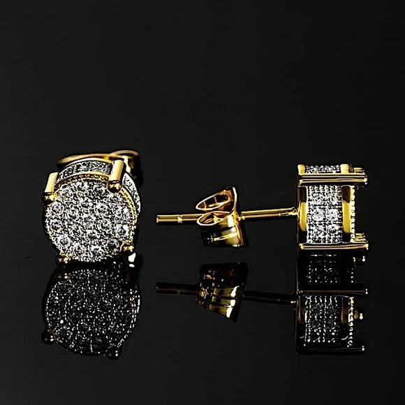 Gold Round Cut Moissanite Circle Shaped Pave Diamond Zircon Stud Earrings - Picture 2 of 9